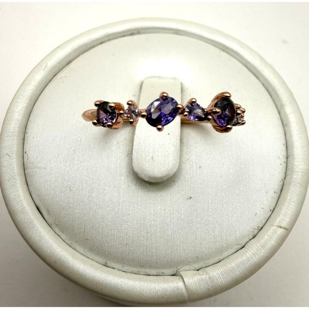 Rose Gold Tone Purple Amethyst CZ Stacking Ring Dainty Alternating Stone Band Si